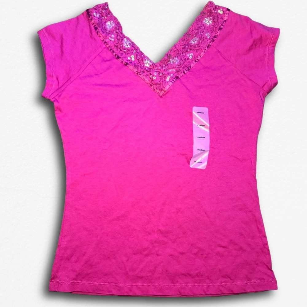 Ellemenno Hot Pink Cotton Sequin Lace V-Neck‎ T-Shirt Y2K Women Medium NWOT